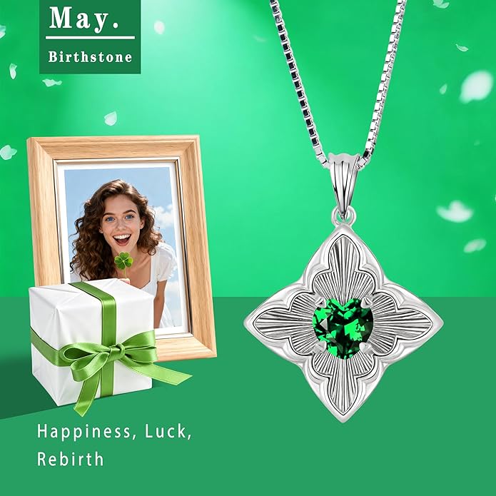 Delicate Four-Leaf Clover Charm Necklace with January Birthstone - S925 Silver, Gift Idea