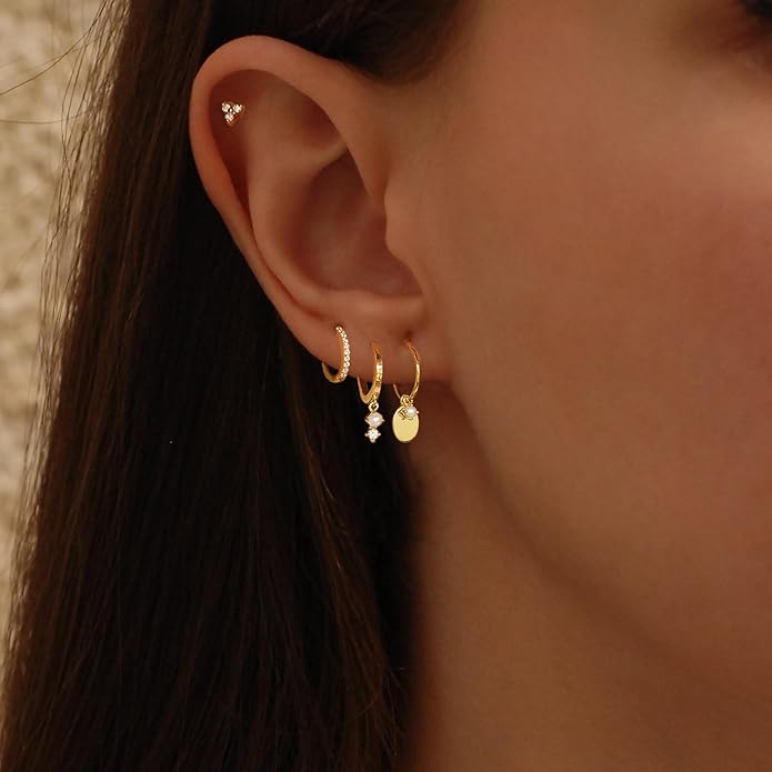 Gold Plated Earrings for Women, 14k Gold Plated Earring Stack Hypoallergenic Pearl Drop Earring Dainty Earrings for Women Trendy Cute Small Huggie Hoop Earring Fashion Womens Jewelry