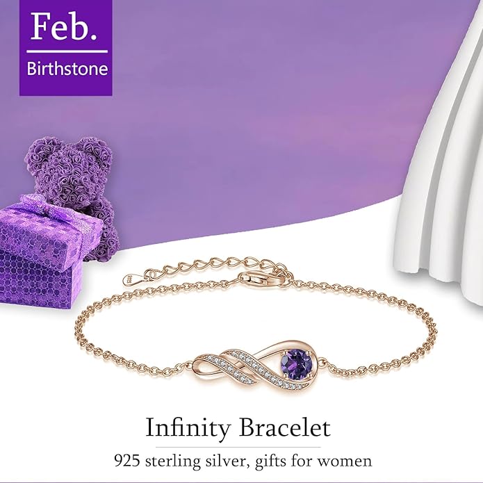 Birthstone Bracelets for Women 925 Sterling Silver Created Gemstone Bracelet Infinity Pendant Jewelry for Her, 6.7"+1.2"