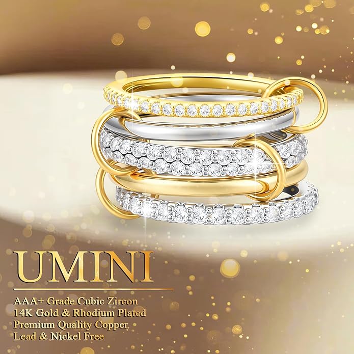 18K Gold plated Stackable Rings For Women Silver And Gold Stackable Ring Set Cubic Zircon Mixed Metal Rings For Engagement Wedding Birthday Valentine's Day Mother's Day Gift