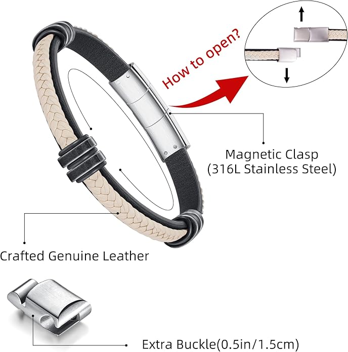 Leather Bracelet for Men with Adjustable Stainless Steel Magnetic Clasp Multi-Layer Braided Mens Leather Bracelet