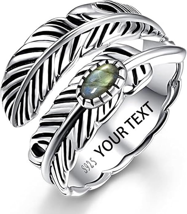 Sterling Silver Feather Ring with Black Onyx & Turquoise - Adjustable Stacking Vintage Statement Ring for Women & Men