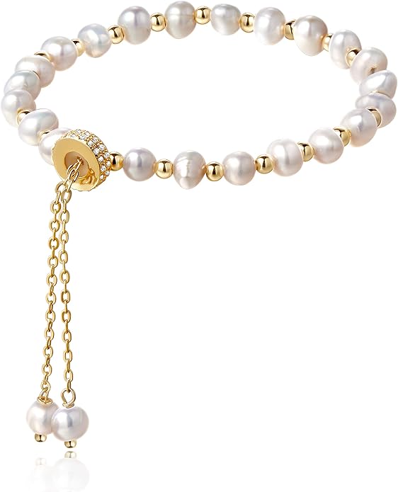 Cowlyn Pearl Bracelets for Women - Dainty 14K Gold Plated Beaded Pearl Link Chain Birthday Christmas Jewelry Gifts for Women