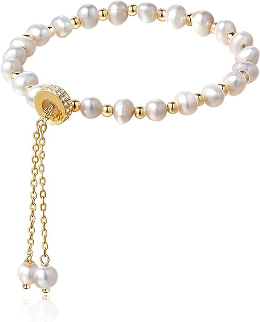 Cowlyn Pearl Bracelets for Women - Dainty 14K Gold Plated Beaded Pearl Link Chain Birthday Christmas Jewelry Gifts for Women
