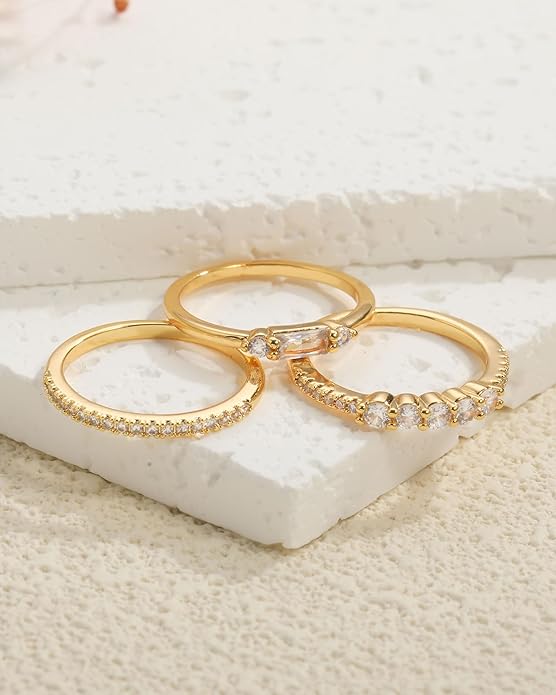 FUNEIA Stackable Silver Gold Rings for Women Non Tarnish 14K Gold Plated Thumb Cubic Zirconia Rings for Women Dainty Pinky Promise Wedding Ring Set Women's Engagement Eternity Band Rings Gold Jewelry