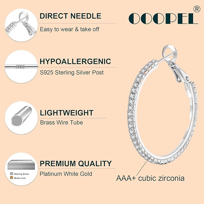 925 Sterling Silver Earrings Large Rhinestone Hoop Earrings Big Cubic Zirconia Hoop Earrings Thin Rhinestones Round Hoop Earrings for Women 20/30/40/50/60/70mm Sparkly Hoops With Crystals for Womens