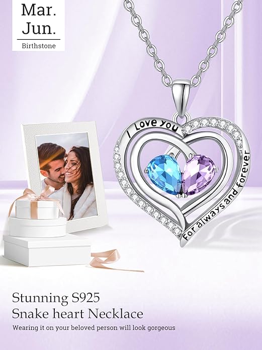 Zeuslia Double Birthstone Necklace Gifts for Wife - 925 Sterling Silver Sunflower/Rose/Crown Cross/Compass/Heart Pendant I Love You Necklace, Anniversary Birthday Gifts for Wife Girlfriend Mom Her