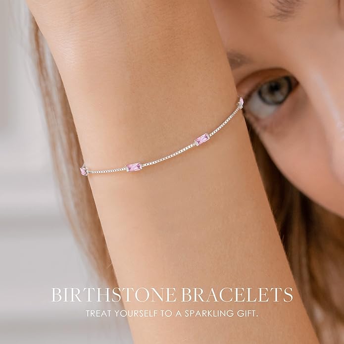 LOUISA SECRET Birthstone Bracelets for Women, 925 Sterling Silver Dainty Simple Women Charm Link Bracelet, Birthday Anniversary Jewelry Gifts for Women Wife Mom Her