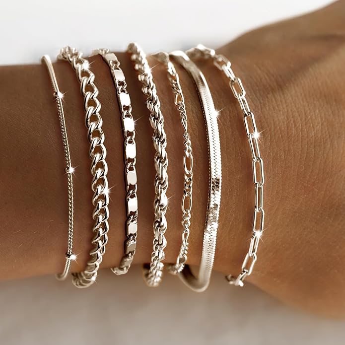 7PCS 14K Gold Plated Bracelets Sets for Women，Dainty Fashion Layered Cuban Link Chain Herringbone Paperclip Chain Bracelets Stack，Trendy Simple Stackable Gold Silver Bracelets Jewelry Gifts