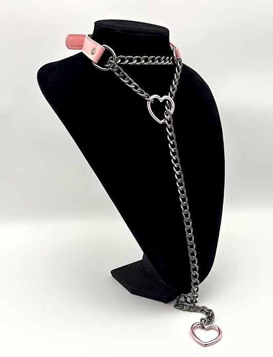 Black Leather Choker Collar For Women, Handmade Heart Slip Chain Choker Long Necklace with Adjustable Buckle