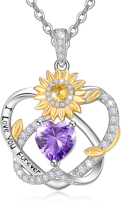 Zeuslia Double Birthstone Necklace Gifts for Wife - 925 Sterling Silver Sunflower/Rose/Crown Cross/Compass/Heart Pendant I Love You Necklace, Anniversary Birthday Gifts for Wife Girlfriend Mom Her