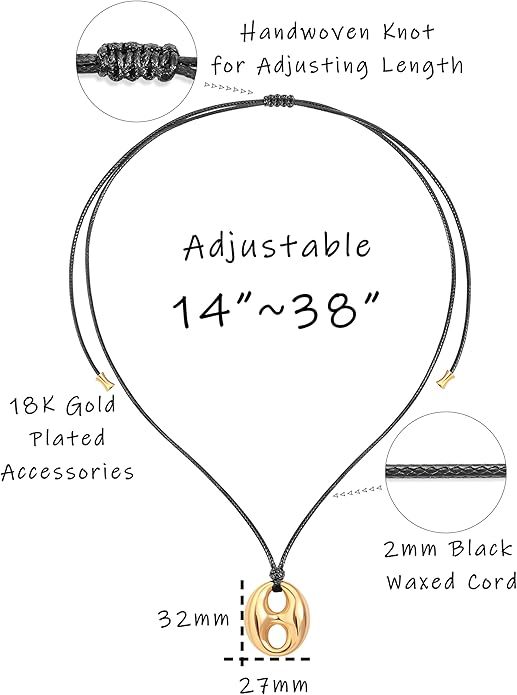 Aobei Pearl Y Shaped Long Necklaces for Women Large 18K Gold Plated Pig Nose Pendant Choker Adjustable Black String Cord Necklace Boho Handmade Jewelry