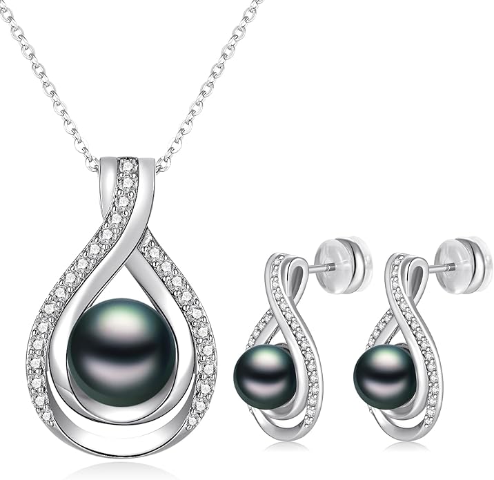 Infinity White Black Pearl Necklace and Earrings Set for Women Gifts for Mom Birthday Mothers Day AAA+ Handpicked Pearl 14K Gold/White Gold Plated Adjustable Jewelry