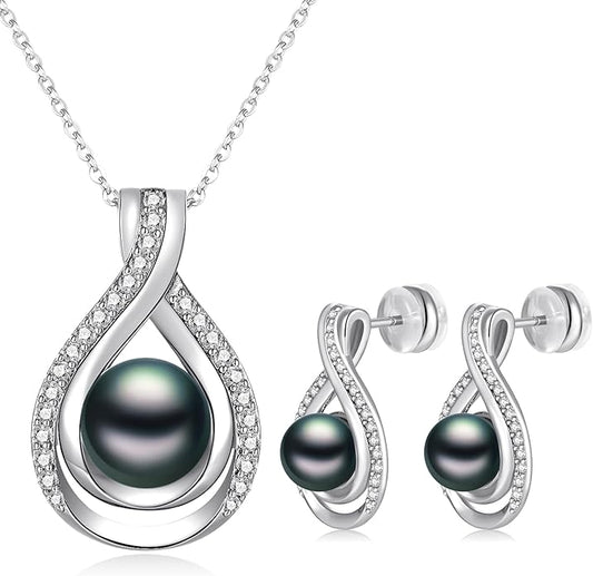 Infinity White Black Pearl Necklace and Earrings Set for Women Gifts for Mom Birthday Mothers Day AAA+ Handpicked Pearl 14K Gold/White Gold Plated Adjustable Jewelry
