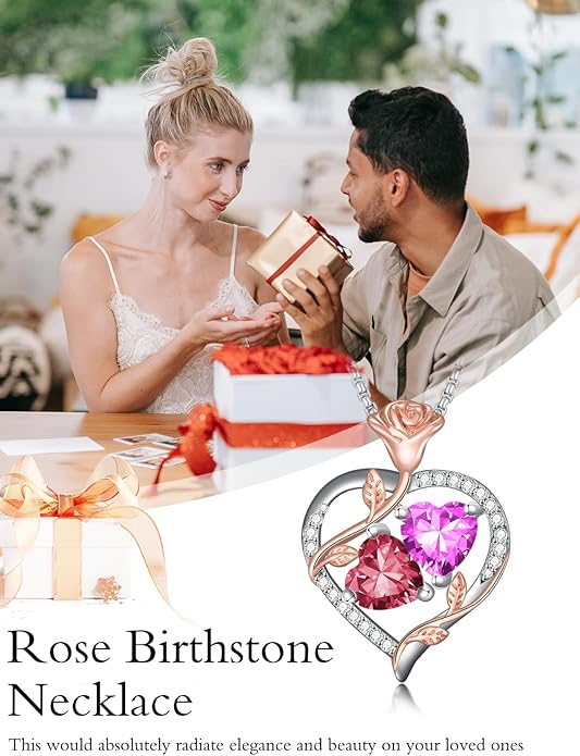 Christmas Gifts for Women Rose Heart Birthstone Pendant Necklace I Love You Forever Jewelry Valentine Mothers Day Birthday Gifts for Women Her Wife Girlfriend