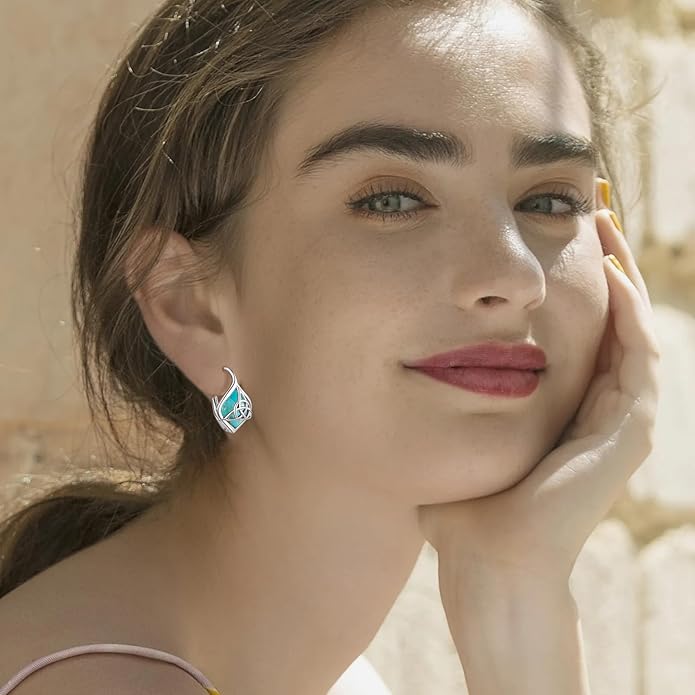 Turquoise Earrings for Women 925 Sterling Silver Celtic Knot Dangle Drop Earrings with Leverback Clasp Boho Jewelry Gifts