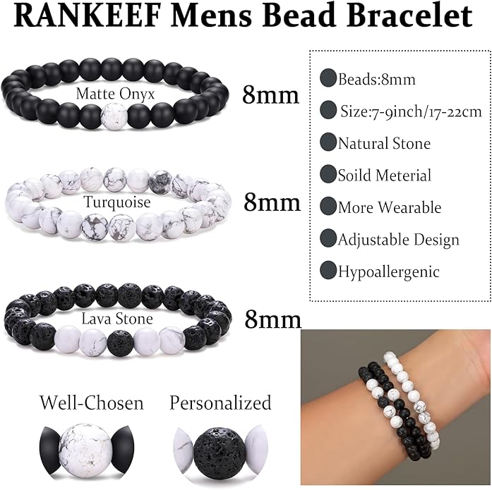 RANKEEF Mens Bead Bracelet Set - Adjustable Elastic Rope With 6&8MM Natural Stone Multi-Colored Beads - Tiger Eye Bracelets for Men - Gift