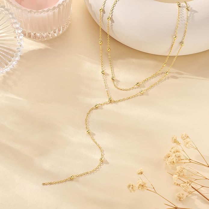 LOVELUCK Long Lariat Necklace for Women,Dainty Layered Y-Shaped Necklaces 14k Gold/Silver Plated Drop Chain Trendy Christmas Jewelry Gifts
