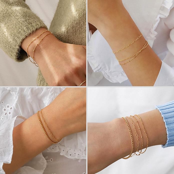 DEARMAY 14K Gold Plated Bracelets for Women Waterproof, Jewelry Sets Trendy Thin Dainty Stackable Cuban Link Paperclip Chain Bracelet Pack Fashion Accessories Gifts for Womens