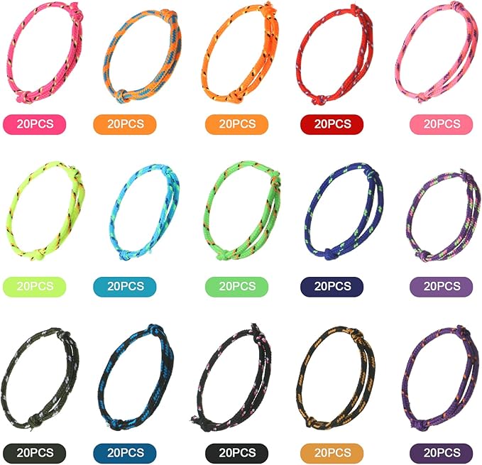 Hillban 300 Pcs Friendship Bracelets Bulk for Kids Neon Jelly Bracelets 80's Party Halloween Favors Gift Adjustable Paracord Rope Woven Goody Bag Stuffers Girls Boy Favors, 15 Colors(Classic)