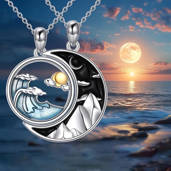 JBAERD Couples BFF Matching Necklaces 925 Sterling Silver Cross/Yin Yang/Sun Moon/Mountain Wave Pendant Necklace Anniversary Birthday Gifts