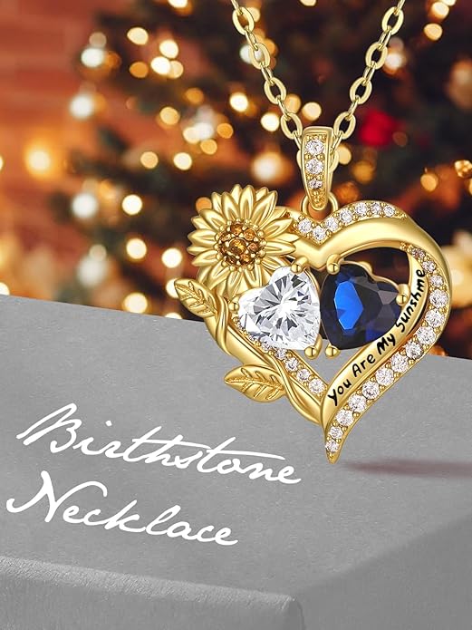 Sunflower Heart Necklace for Women 14K Gold Exquisite Anniversary Birthday Gifts for Wife Mother Her Double Birthstone Pendant jewelry‘You Are My Sunshine’