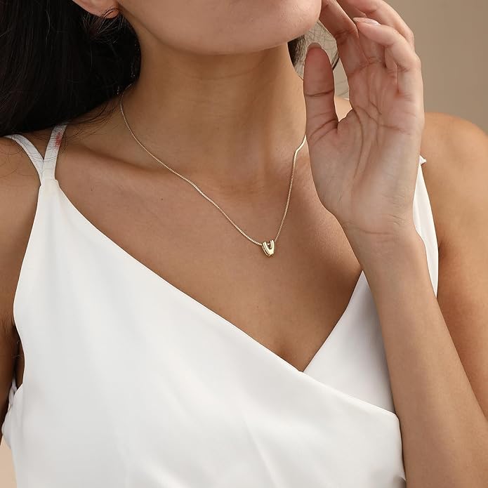 Bubble Gold Letter Necklace for Women, 14k Gold Plated Balloon Initial Necklace, Dainty Gold Necklace for Women, Personalized Bubble Pendant Name Necklace, Fashion Accessories Trendy Jewelry