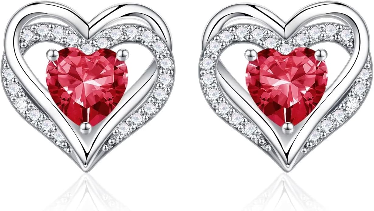 Iefil Birthstone Earrings for Women, 925 Sterling Silver Heart Stud Earrings Birthday Gifts for Women