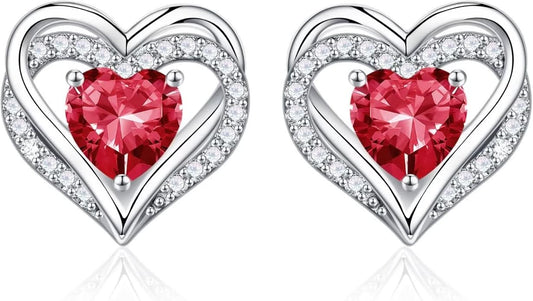 Iefil Birthstone Earrings for Women, 925 Sterling Silver Heart Stud Earrings Birthday Gifts for Women