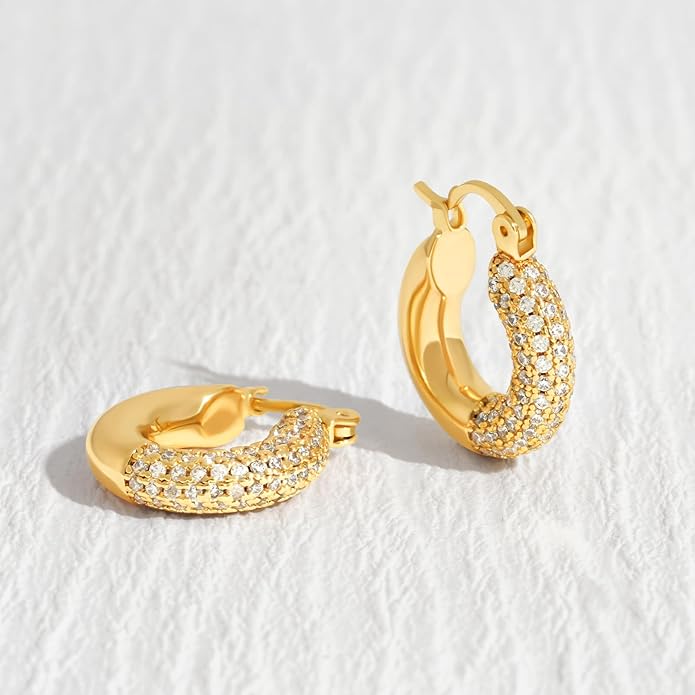 Gold Huggie Hoop Earrings 14K Gold Plated Dainty Chunky Thick Hoop Diamond Cubic Zriconia Inlay Sleeper Tiny Delicate Boho Beach Simple Hypoallergenic Jewelry Gift for Her