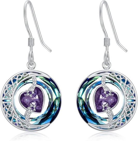 TOUPOP Birthstone Earrings for Women 925 Sterling Silver Moon and Star Dangle Earrings with Blue Crystal BirthdayJewelry Christmas Gifts for Women