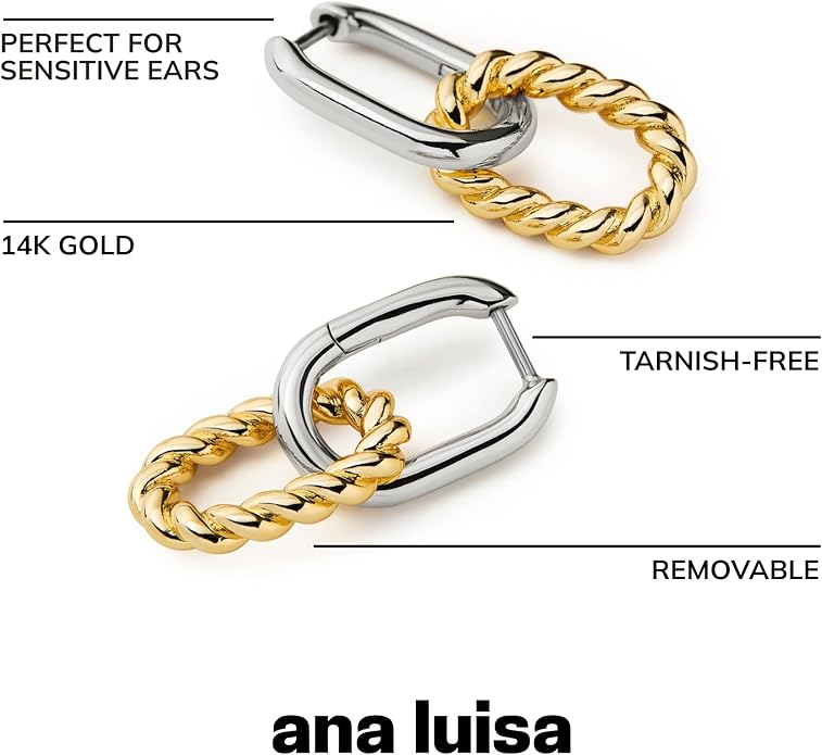 Ana Luisa Ash Double Hoop Earrings for Women - 14K Gold Plated, Silver & Two-Tone Drop Dangle Hoop Earring - Trendy Paperclip Link Huggie Hoop - Hypoallergenic, Water-Resistant & Tarnish-Free Jewelry