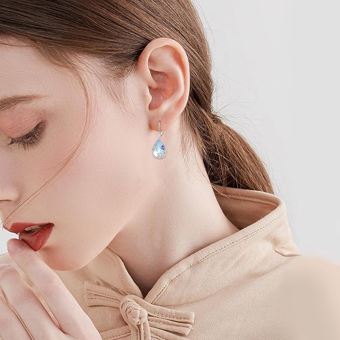 AOBOCO Butterfly/Dragonfly/Bee/Ladybug Leverback Earrings 925 Sterling Silver Rose Lotus Tulip Flower Filigree Dangle Earrings Teardrop Moonstone Larimar Turquoise Abalone Shell Jewelry Birthday Gifts for Women