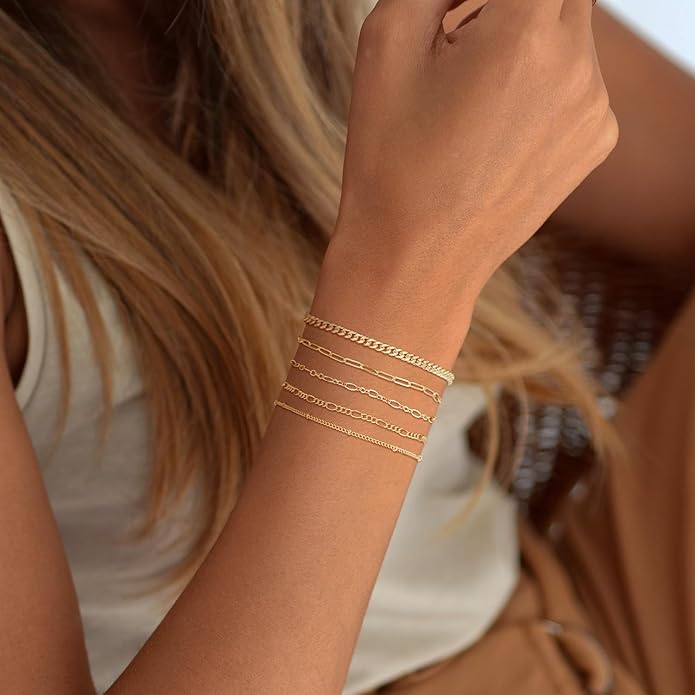DEARMAY 14K Gold Plated Bracelets for Women Waterproof, Jewelry Sets Trendy Thin Dainty Stackable Cuban Link Paperclip Chain Bracelet Pack Fashion Accessories Gifts for Womens