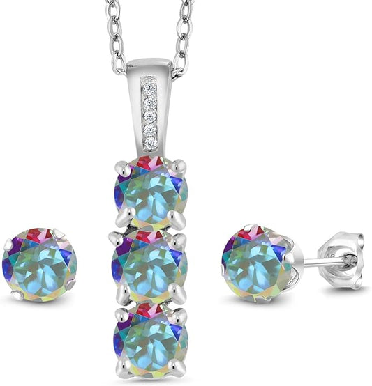 Gem Stone King 925 Sterling Silver 5MM Gemstone Birthstone and White Diamond 3-Stone Pendant and Earrings Jewelry Set For Women | With 18 Inch Chain