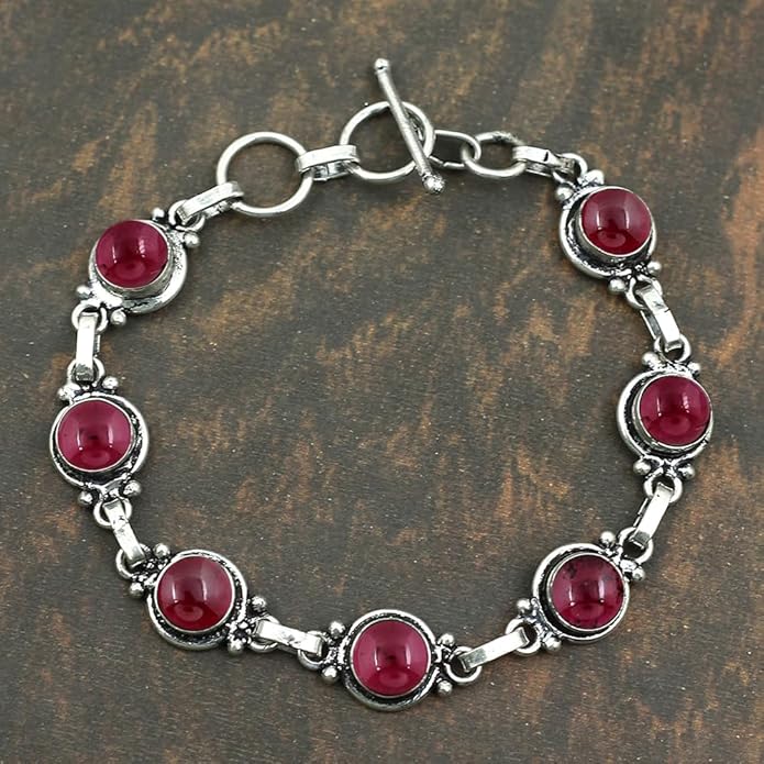 Round Shape Natural & Synthetic Gemstones Silver Plated Bracelets for Women - Vintage Bohemian Style Handmade Birthstone Adjustable Link Bracelet Jewelry Gifts for Wedding Anniversary Mother's Day