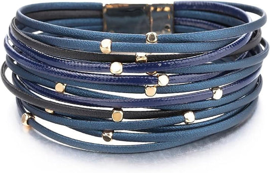 Fesciory Leopard Bracelet for Women, Boho Leather Wrap Multi-Layer Pearl Crystal Bracelet Bangle Jewelry