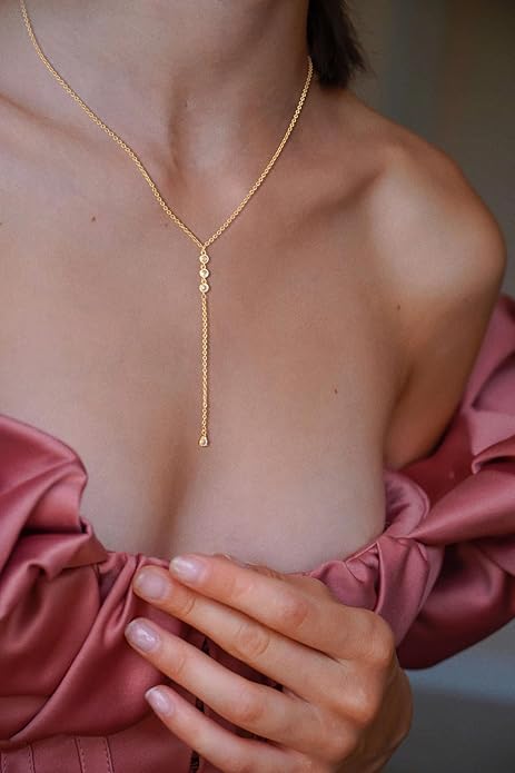 Lariat Gold Necklaces for Women Trendy Dainty Long Necklace 14k Gold Plated/Silver Layered Drop Beaded Chain Necklaces Y-shaped Pendant Necklace Simple Gold Jewelry Gifts