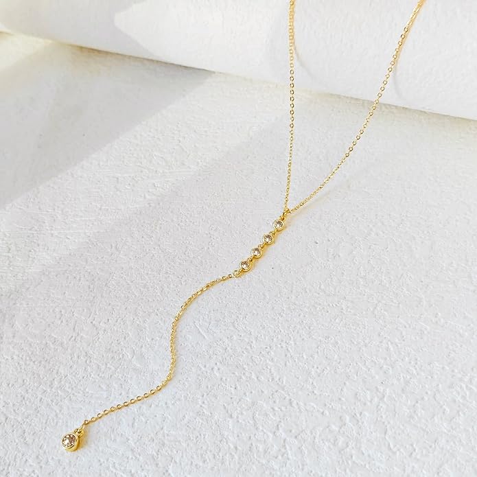 Lariat Gold Necklace for Women, Dainty Long Necklace 14k Gold Plated/Silver Y-Shaped Layered Beaded Chain Drop Necklaces for Women Trendy Simple Gold Jewelry for Women Gifts