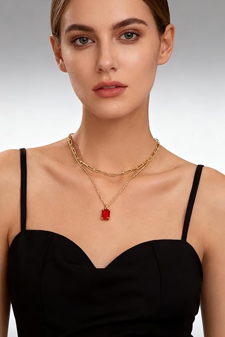 Gold Layered Pendant Necklaces for Women 14k Gold Plated Crystal Choker Necklace Paperclip Rhinestone Necklace Party Prom Jewelry