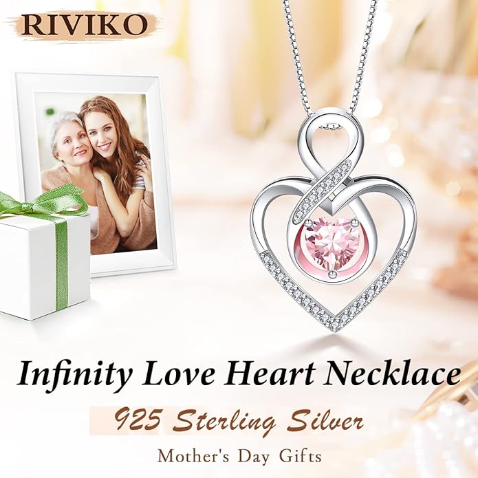 RIVIKO Infinity Heart Symbol Necklace for Women 925 Sterling Silver Love Heart Pendant Valentine's Day Mother's Day Anniversary Birthday Christmas Jewelry Gifts for Women Mom Wife Sister Her Friends