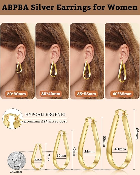 925 Sterling Silver Hoop Earrings for Women Hypoallergenic Oval Sterling Silver Hoop Earrings Large Silver Hoops Earring Lightweight Thick Silver Hoops Earrings for Women 30/40/55/65MM