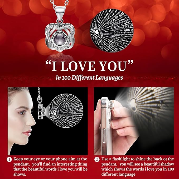 Preserved Pink Real Rose with Heart I Love You Necklace -Eternal Flowers Rose Birthday Gifts for Her Mom Wife Girlfriend Grandma on Valentines Mothers Day Christmas Anniversary Romantic-Pink