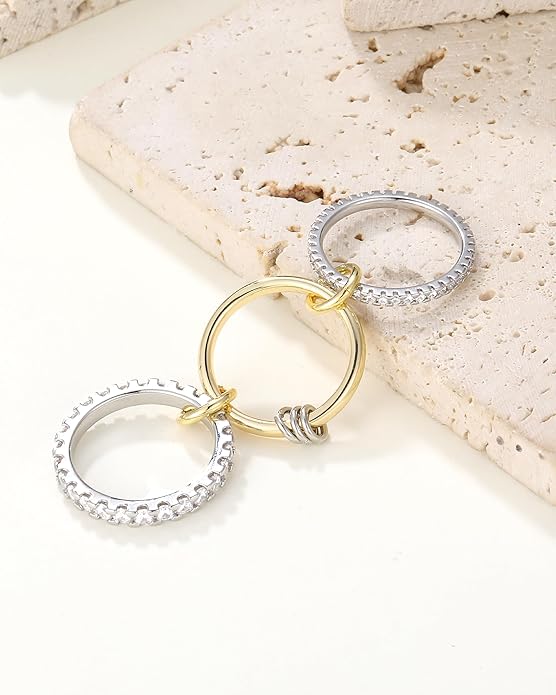 Gold Stackable Rings for Women, Non Tarnish 14K Gold Plated Cubic Zirconia Mixed Metals Stacking Connected Rings Set Jewelry Gifts