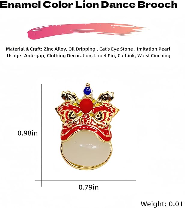 Chinese Lion Dance Brooch, Vintage Enamel Floral & Cat Eye Pearl Adjustable Lapel Pin for Women & Men – Traditional Asian Style Awakening Lion Brooch for Jacket, Blazer, Scarf, Qipao, Wedding, Festival Gift (Gold/Red/Blue)