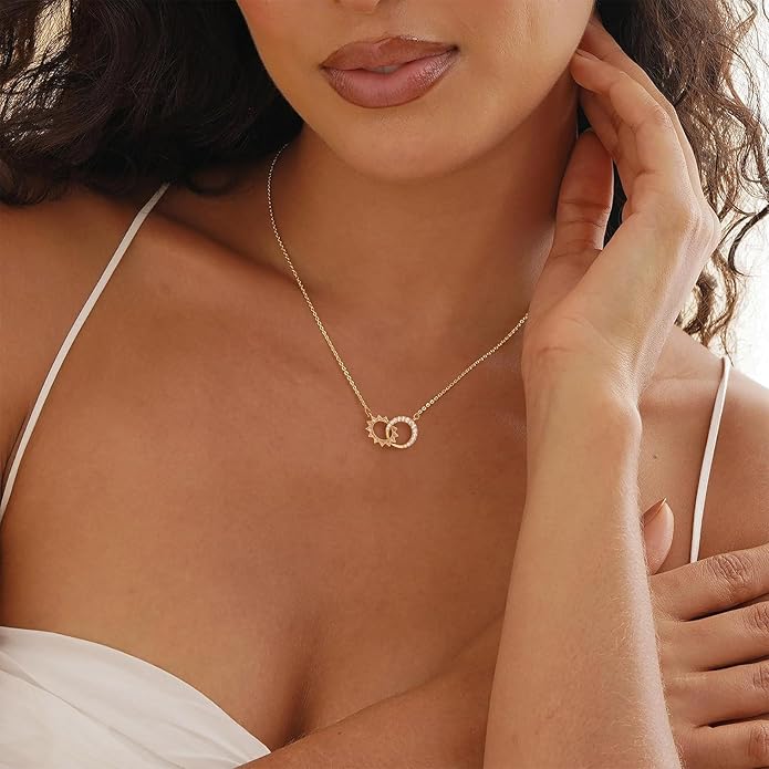 Gold Necklace for Women, Dainty 14K Gold Plated Pendant Necklaces for Women Trendy Simple Choker Chain Cubic Zirconia Circle/Interlocking/Sun Necklace Fashion Jewelry Birthday Christmas Gift