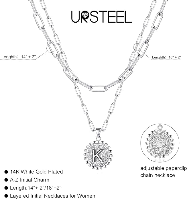 Ursteel Layered Initial Necklaces for Women, 14K-Gold-Plated Dainty Layering Paperclip Chain Necklaces for Women Jewelry