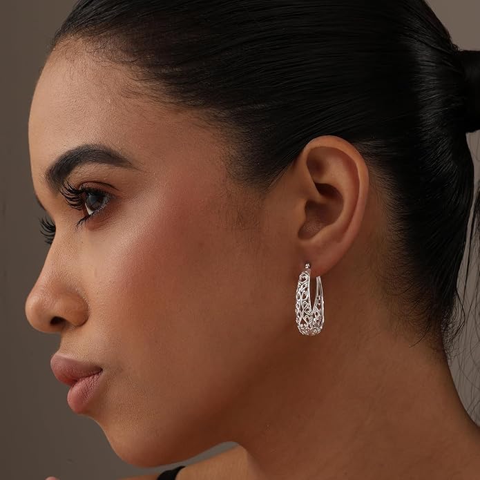 LeCalla 925 Sterling Silver Hoop Earrings for Women | Women's Filigree Hoop Earrings | Antique Oxidized Openwork Mesh Filigree Cut Earring Chunky Hoops | Hypoallergenic Vintage Filigree Oval Hoop Earrings for Women