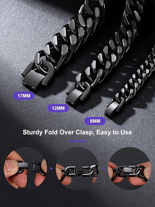 Richsteel Cuban Link Chain Bracelets 8/12/17mm Width Stainless Steel Chain Wrist Bracelets for Men, 7.4/8.2/9 Inch Length Classic Jewelry for Christmas/Valentine's Day/Birthday