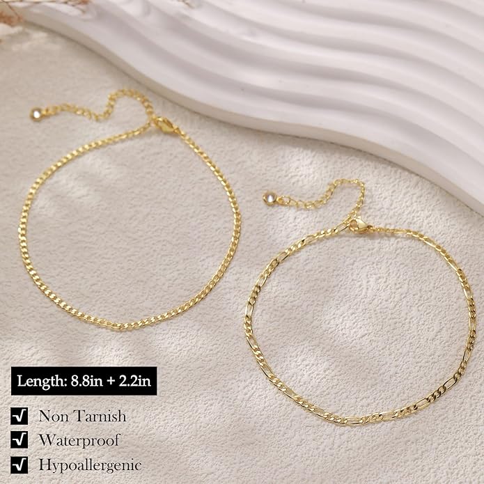 FUNEIA Gold Silver Ankle Bracelets for Women Waterproof 14K Gold Plated Anklets for Women Non Tarnish Dainty Layered Beaded Heart Anklet Set Summer Beach Foot Chain Jewelry Gifts Trendy Stuff